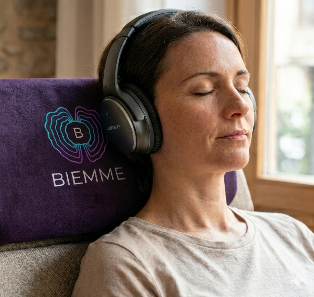 Persona meditando con auriculares en un espacio sereno de Biemme